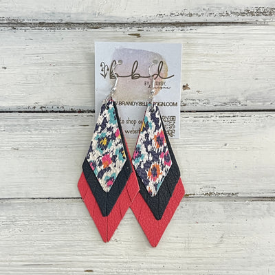 COLLEEN -  Leather Earrings  ||    <BR> MULTICOLOR IKAT, <BR>MATTE NAVY* BLUE, <BR> MATTE CORAL/PINK