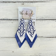 COLLEEN -  Leather Earrings  ||   <BR> BLUE & WHITE TURKISH TILES, <BR> MATTE WHITE, <BR> ELECTRIC COBALT BLUE