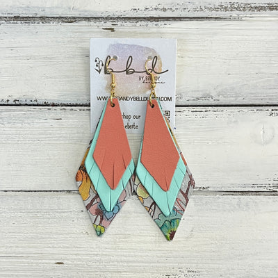 COLLEEN -  Leather Earrings  ||   <BR> MATTE SALMON, <BR> AQUA MINT SMOOTH, <BR> ORANGE WATERCOLOR FLORAL