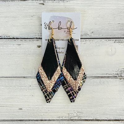 COLLEEN -  Leather Earrings  ||   <BR> METALLIC BLACK SMOOTH, <BR> METALLIC ROSE GOLD PEBBLED, <BR> IRIDESCENT PLAID