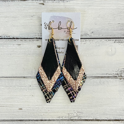 COLLEEN -  Leather Earrings  ||   <BR> METALLIC BLACK SMOOTH, <BR> METALLIC ROSE GOLD PEBBLED, <BR> IRIDESCENT PLAID