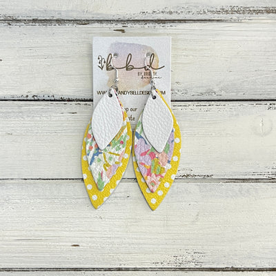 DOROTHY -  Leather Earrings  ||   <BR> MATTE WHITE, <BR> FUN SPRING FLORAL, <BR> YELLOW WITH WHITE POLKADOTS