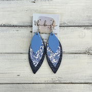 DOROTHY -  Leather Earrings  ||  <BR> MATTE CAROLINA BLUE, <BR> BLUE & WHITE FLORAL, <BR> METALLIC NAVY* BLUE PEBBLED