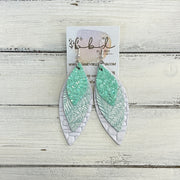 DOROTHY -  Leather Earrings  ||   <BR> AQUA MINT GLITTER (FAUX LEATHER), <BR> AQUA & WHITE LEAVES, <BR> WHITE BASKETWEAVE