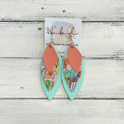 DOROTHY -  Leather Earrings  ||   <BR> MATTE SALMON, <BR> ORANGE WATERCOLOR FLORAL, <BR> AQUA MINT SMOOTH