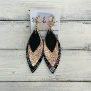 DOROTHY -  Leather Earrings  ||   <BR> METALLIC BLACK SMOOTH, <BR> METALLIC ROSE GOLD PEBBLED, <BR> IRIDESCENT PLAID