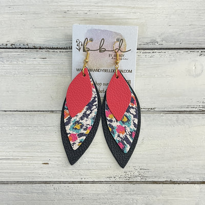 DOROTHY -  Leather Earrings  ||   <BR> MATTE CORAL/PINK, <BR> MULTICOLOR IKAT, <BR>MATTE NAVY* BLUE