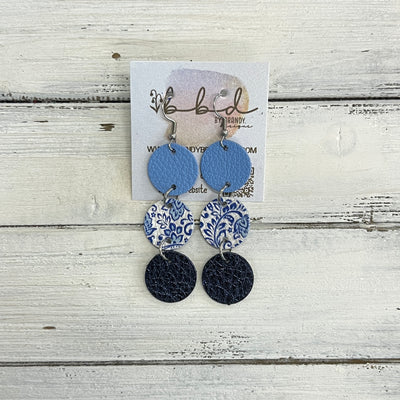 DAISY -  Leather Earrings  ||  <BR> MATTE CAROLINA BLUE, <BR> BLUE & WHITE FLORAL, <BR> METALLIC NAVY* BLUE PEBBLED