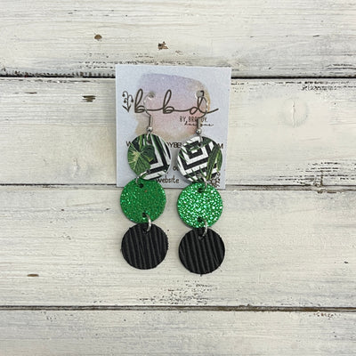 DAISY -  Leather Earrings  ||   <BR> BLACK & WHITE GEOMETRIC PALMS, <BR> SPARKLE GREEN, <BR> BLACK PALMS