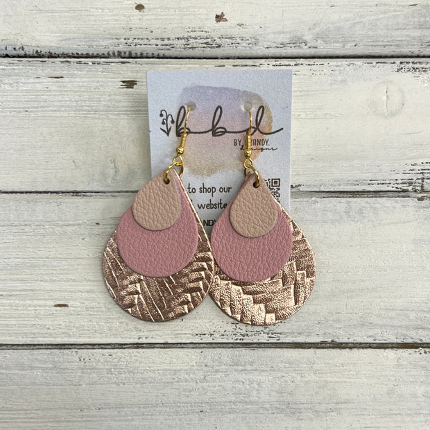 LINDSEY -  Leather Earrings  ||   <BR> MATTE BLUSH PINK, <BR> MATTE LIGHT PINK, <BR> METALLIC ROSE GOLD BRAID