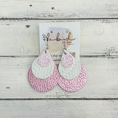 LINDSEY -  Leather Earrings  ||   <BR> COTTON CANDY GLITTER (FAUX LEATHER), <BR> WHITE BRAID, <BR> METALLIC LIGHT PINK PEBBLED