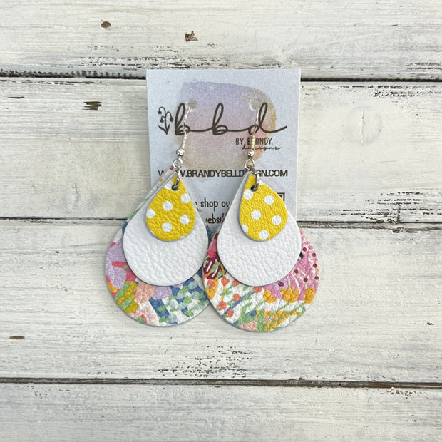 LINDSEY -  Leather Earrings  ||   <BR> YELLOW WITH WHITE POLKADOTS, <BR> MATTE WHITE, <BR> FUN SPRING FLORAL