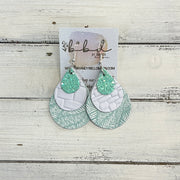 LINDSEY -  Leather Earrings  ||   <BR> AQUA MINT GLITTER (FAUX LEATHER), <BR> WHITE BASKETWEAVE, <BR> AQUA & WHITE LEAVES