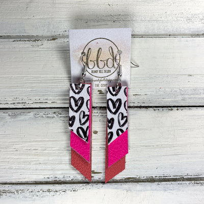 CODY - Leather Earrings  || <BR> BLACK & WHITE HEARTS (FAUX LEATHER), <BR> MATTE NEON PINK, <BR> MATTE CORAL/PINK