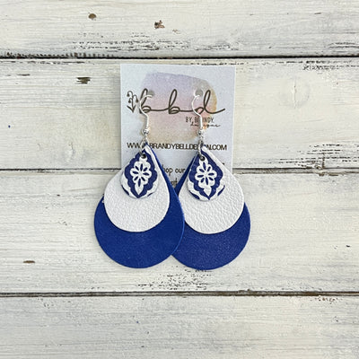 LINDSEY -  Leather Earrings  ||   <BR> BLUE & WHITE TURKISH TILES, <BR> MATTE WHITE, <BR> ELECTRIC COBALT BLUE