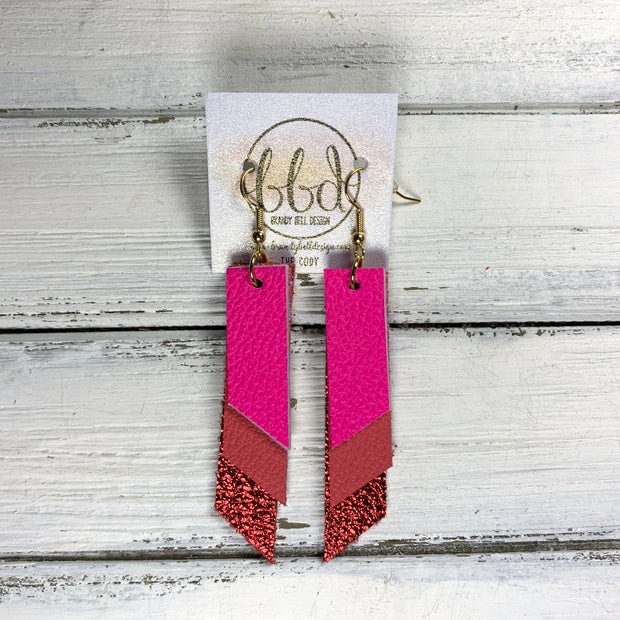 CODY - Leather Earrings  || <BR> MATTE NEON PINK, <BR> MATTE CORAL/PINK,  METALLIC RED PEBBLED