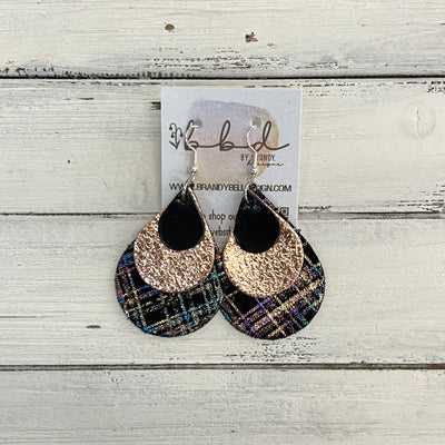 LINDSEY -  Leather Earrings  ||   <BR> METALLIC BLACK SMOOTH, <BR> METALLIC ROSE GOLD PEBBLED, <BR> IRIDESCENT PLAID