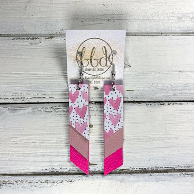 CODY - Leather Earrings  || <BR> PINK HEARTS ON POLKADOTS (FAUX LEATHER), <BR> MATTE LIGHT PINK,  MATTE NEON PINK