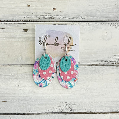 DIANE -  Leather Earrings  ||   <BR> AQUA PALMS , <BR>PINK WITH WHITE POLKADOTS, <BR> TINY PINK & TURQUOISE FLORAL