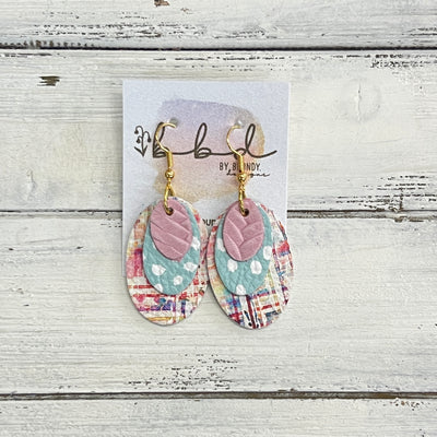 DIANE -  Leather Earrings  ||   <BR> LIGHT PINK BRAID, <BR> AQUA WITH WHITE POLKADOTS, <BR> MULTICOLOR PASTEL WATERCOLOR HATCHING