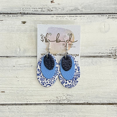 DIANE -  Leather Earrings  ||  <BR> METALLIC NAVY* BLUE PEBBLED, <BR> MATTE CAROLINA BLUE, <BR> BLUE & WHITE FLORAL,