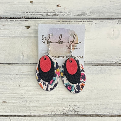 DIANE -  Leather Earrings  ||   <BR> MATTE CORAL/PINK, <BR>MATTE NAVY* BLUE, <BR> MULTICOLOR IKAT