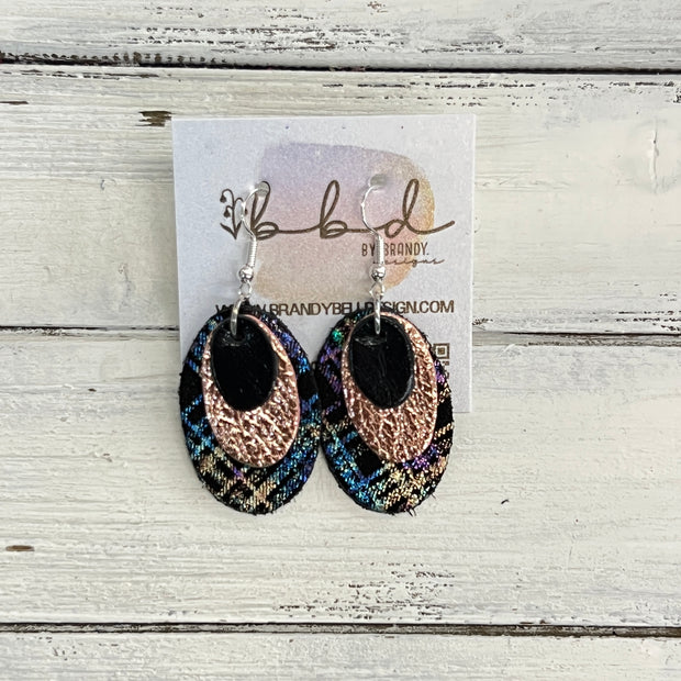 DIANE -  Leather Earrings  ||   <BR> METALLIC BLACK SMOOTH, <BR> METALLIC ROSE GOLD PEBBLED, <BR> IRIDESCENT PLAID