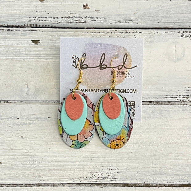 DIANE -  Leather Earrings  ||   <BR> MATTE SALMON, <BR> AQUA MINT SMOOTH, <BR> ORANGE WATERCOLOR FLORAL