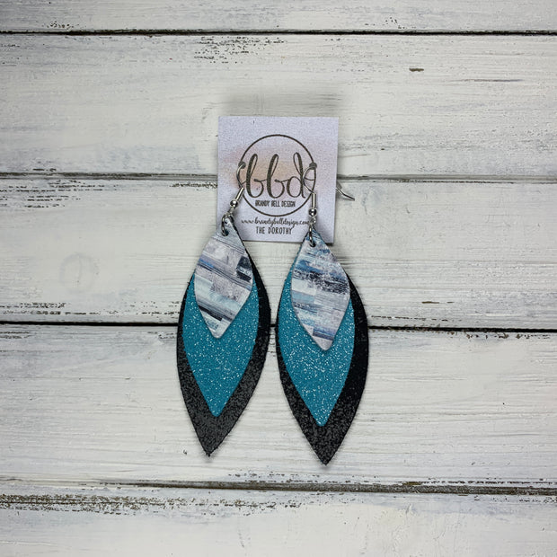 DOROTHY - Leather Earrings  ||  <BR> BLUE SURF PAINT STROKES, <BR> SHIMMER AQUA, <BR> DISTRESSED BLACK & SILVER