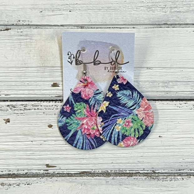 ZOEY (3 sizes available!) -  Leather Earrings  ||  TROPICAL FLORAL ON NAVY BLUE