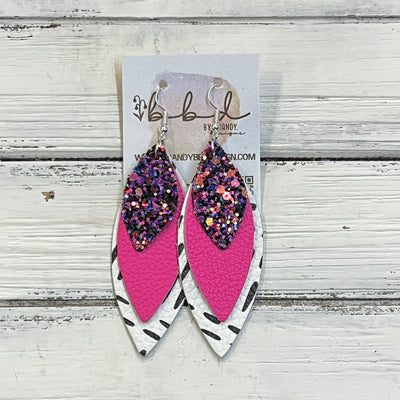 DOROTHY -  Leather Earrings  ||   <BR> THATS MY JAM GLITTER (FAUX LEATHER), <BR> MATTE NEON PINK, <BR> WHITE WITH BLACK DASHES