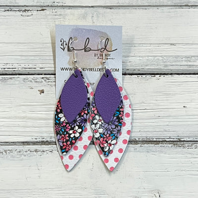 DOROTHY -  Leather Earrings  ||   <BR> MATTE PURPLE, <BR> PINK & PURPLE MINI FLORAL, <BR> WHITE WITH PINK POLKADOTS
