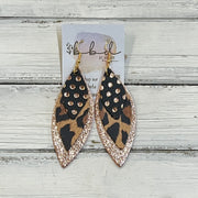 DOROTHY -  Leather Earrings  ||   <BR> BLACK WITH ROSE GOLD POLKADOT, <BR> LEOPARD PRINT, <BR> METALLIC ROSE GOLD PEBBLED