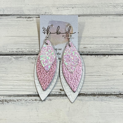 DOROTHY -  Leather Earrings  ||   <BR> COTTON CANDY GLITTER (FAUX LEATHER), <BR> WHITE BRAID, <BR> METALLIC LIGHT PINK PEBBLED