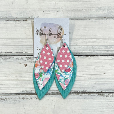 DOROTHY -  Leather Earrings  ||  <BR>PINK WITH WHITE POLKADOTS, <BR> TINY PINK & TURQUOISE FLORAL, <BR> AQUA PALMS