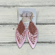 DOROTHY -  Leather Earrings  ||    <BR>SALMON BRAID, <BR> METALLIC PINK WESTERN FLORAL, <BR> METALLIC LIGHT PINK PEBBLED