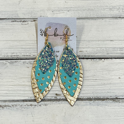DOROTHY -  Leather Earrings  ||    <BR> OCEAN GLITTER (FAUX LEATHER),<BR> AQUA WITH GOLD POLKADOTS, <BR> METALLIC GOLD PANAMA WEAVE