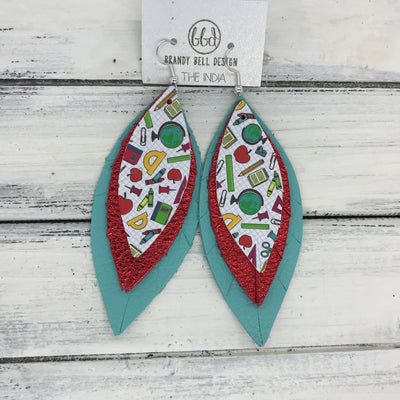 INDIA - Leather Earrings   ||  <BR>  TEACHER PRINT (NOT REAL LEATHER) <BR> METALLIC RED PEBBLED <BR>  ROBBINS EGG BLUE