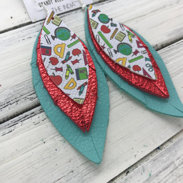 INDIA - Leather Earrings   ||  <BR>  TEACHER PRINT (NOT REAL LEATHER) <BR> METALLIC RED PEBBLED <BR>  ROBBINS EGG BLUE