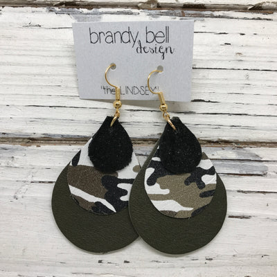LINDSEY - Leather Earrings  ||  SHIMMER BLACK, CAMOUFLAGE, MATTE OLIVE GREEN
