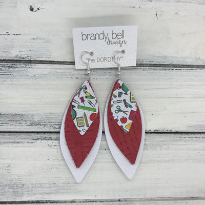 DOROTHY - Leather Earrings  ||  <BR> TEACHER PRINT (FAUX LEATHER) <BR> RED WEAVE <BR> MATTE WHITE