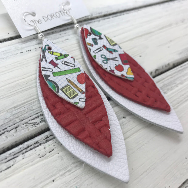 DOROTHY - Leather Earrings  ||  <BR> TEACHER PRINT (FAUX LEATHER) <BR> RED WEAVE <BR> MATTE WHITE