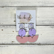 NAOMI -  Leather Earrings ON POST  ||  IRIDESCENT CHUNKY GLITTER (ON CORK), <BR>  MATTE LILAC SMOOTH, <BR> MATTE PINK