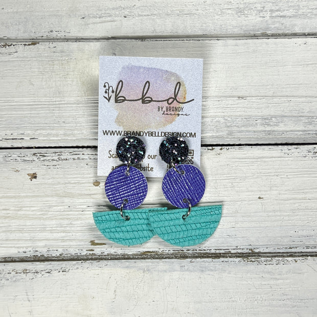 NAOMI -  Leather Earrings ON POST  ||  BEJEWELED CHUNKY GLITTER (ON CORK), <BR>  PERIWINKLE SAFFIANO, <BR> AQUA PALMS