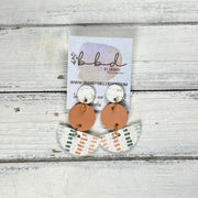 NAOMI -  Leather Earrings ON POST  ||  WHITE CORK (ON CORK), <BR>  MATTE PEACH SMOOTH, <BR> BOHO DASHES
