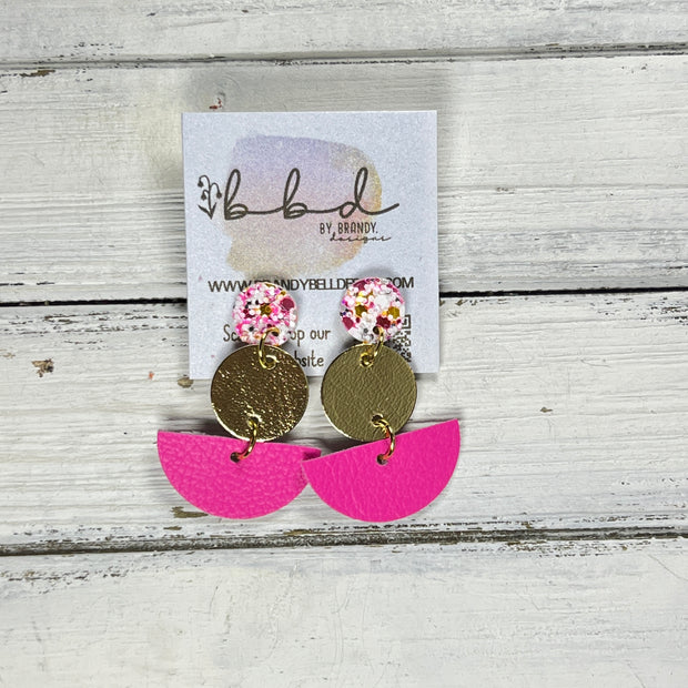 NAOMI -  Leather Earrings ON POST  ||  PINK TAFFY CHUNKY GLITTER (ON CORK), <BR>  METALLIC GOLD SMOOTH, <BR> MATTE NEON PINK