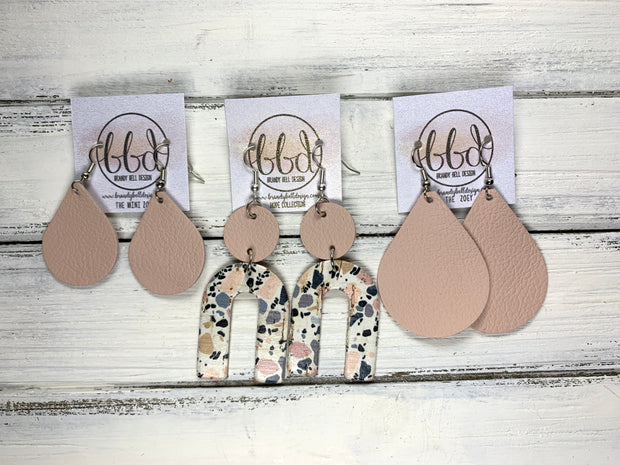 HOPE - Leather Earrings  ||    MATTE BLUSH PINK, <BR> GRANITE MOSAIC CORK ON LEATHER