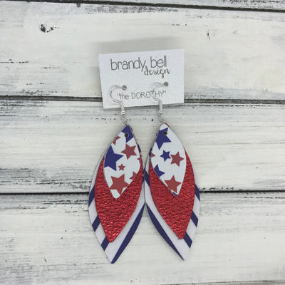 DOROTHY - Leather Earrings  ||  <BR> AMERICANA STARS <BR> METALLIC RED PEBBLED <BR>WHITE WITH BLUE STRIPES