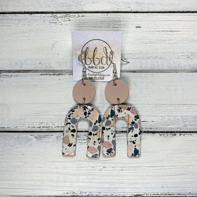 HOPE - Leather Earrings  ||    MATTE BLUSH PINK, <BR> GRANITE MOSAIC CORK ON LEATHER