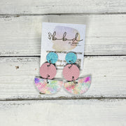 NAOMI -  Leather Earrings ON POST  ||  AQUA FINE GLITTER (ON CORK), <BR> MATTE PINK, <BR>  PINK TIE-DYE